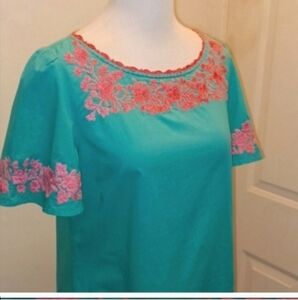 Talbots cotton blouse  turquoise W Embroidery Coastal Beach Summer Nwt